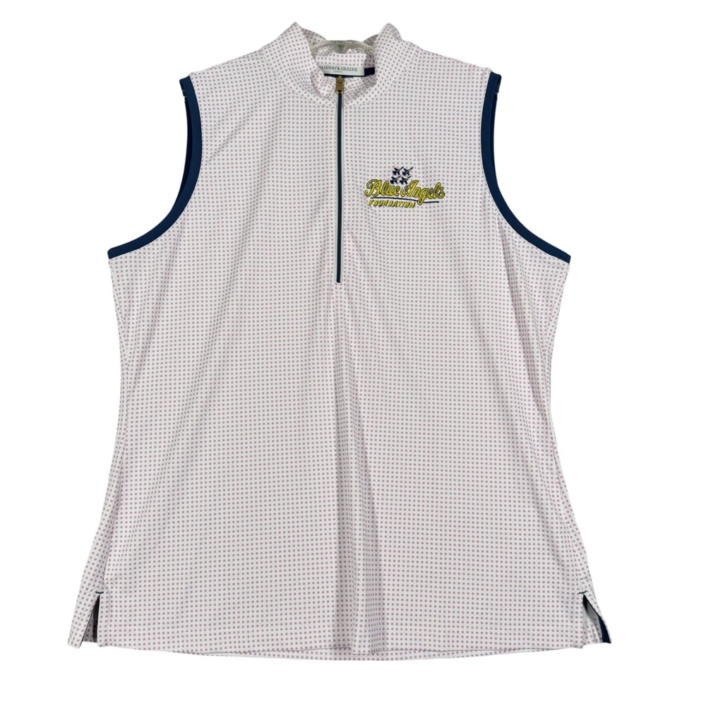 Fairway & Greene Golf Polo White Purple Polka Dot‎ Blue Angels Foundation Large